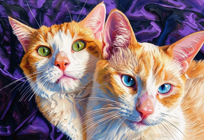 A colorful digital painting of two ginger and white cats with one green eye and one blue eye, set against a textured purple background.