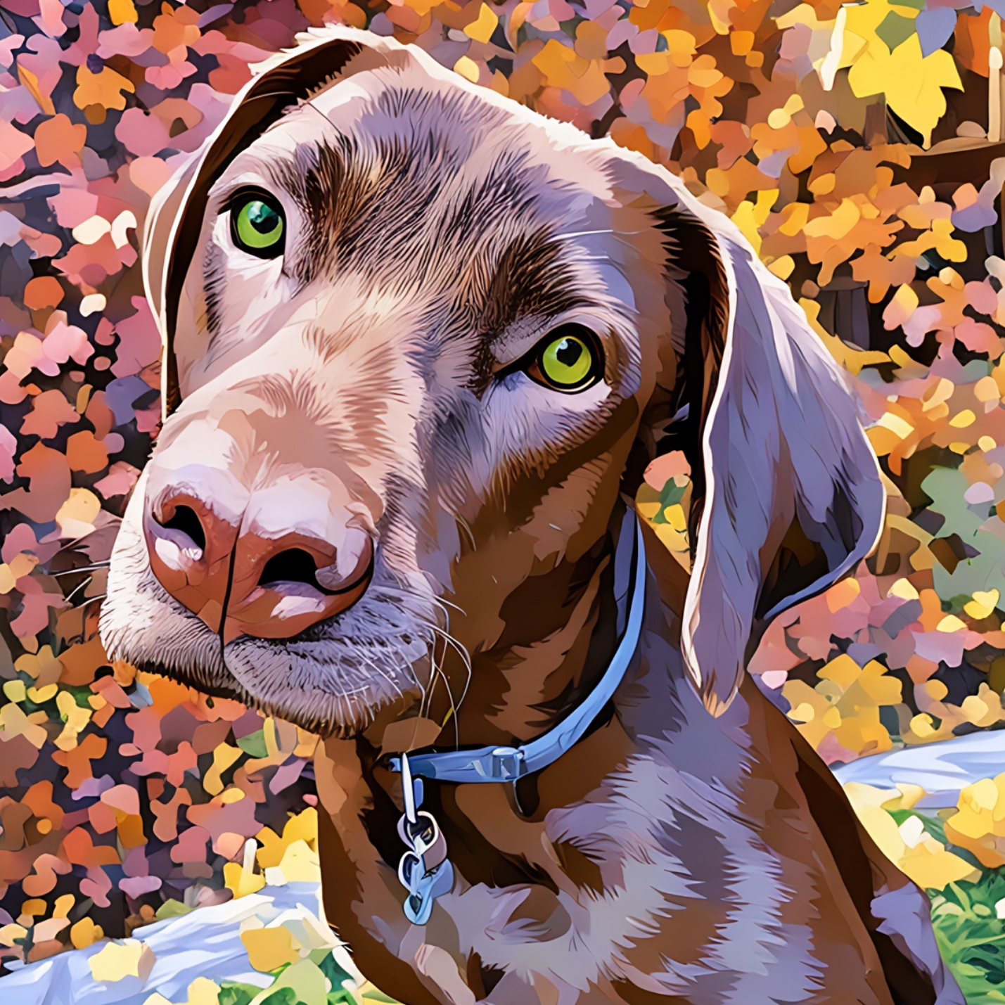 Dog with green eyes and a blue collar standing in a colorful floral field