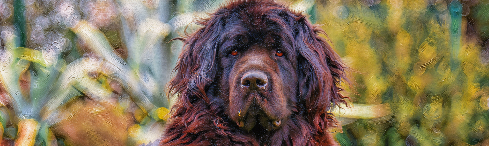 Newfoundland dog standing among tall grass with a blurred natural background