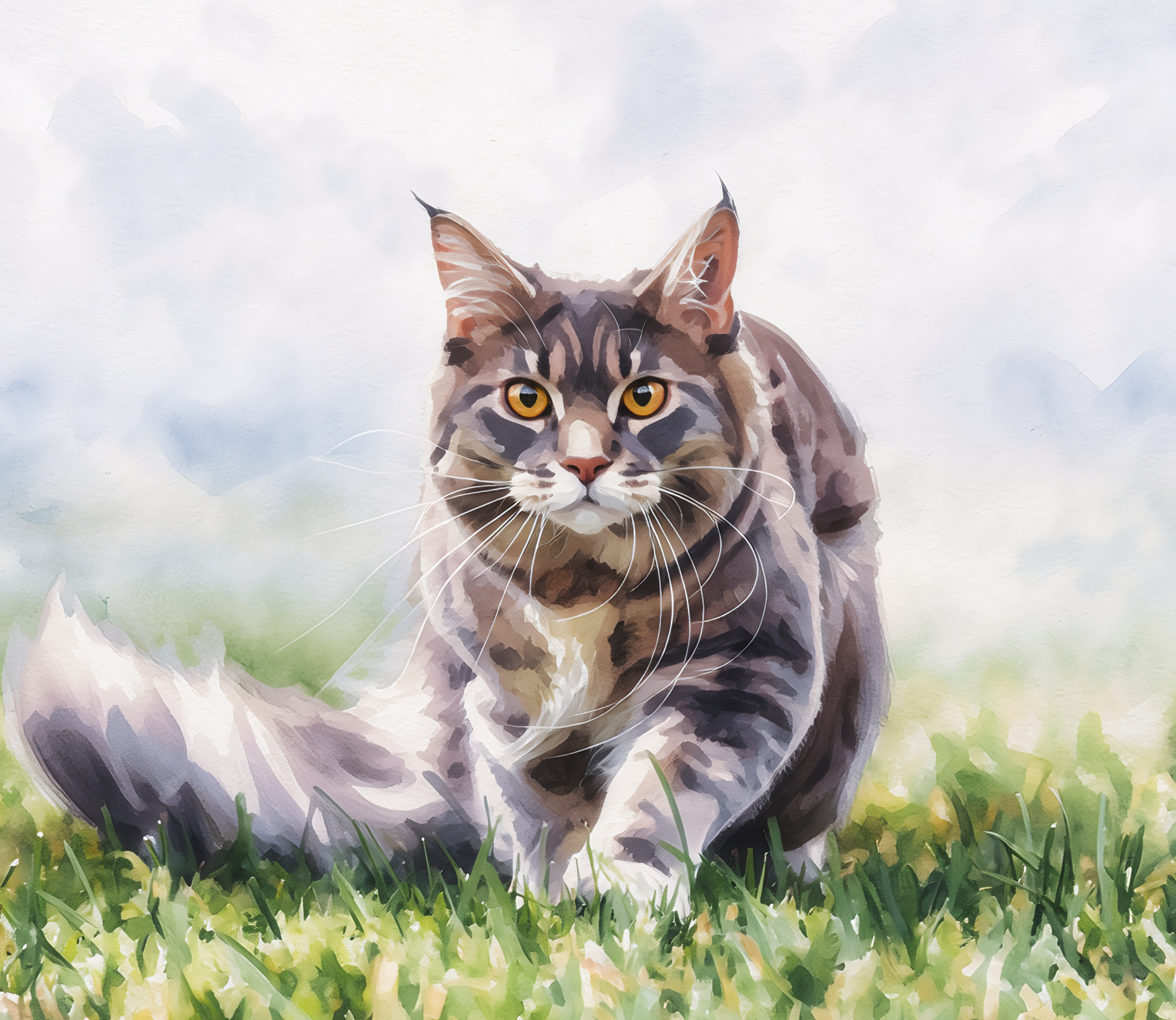 Cat walking on grass with a blurred background