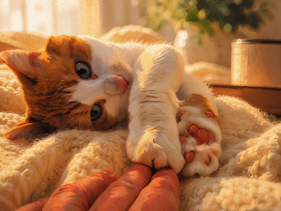An orange and white cat lying on a cozy cream knit blanket, playfully batting at a human hand in a warm, sunlit indoor setting.