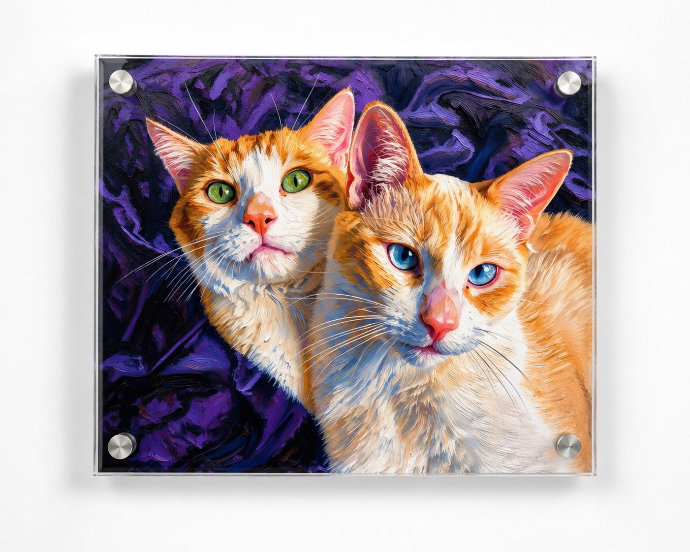 A square acrylic wall art print featuring a colorful painted portrait of two orange-and-white cats against a dark purple background, shown mounted on a light gray wall.