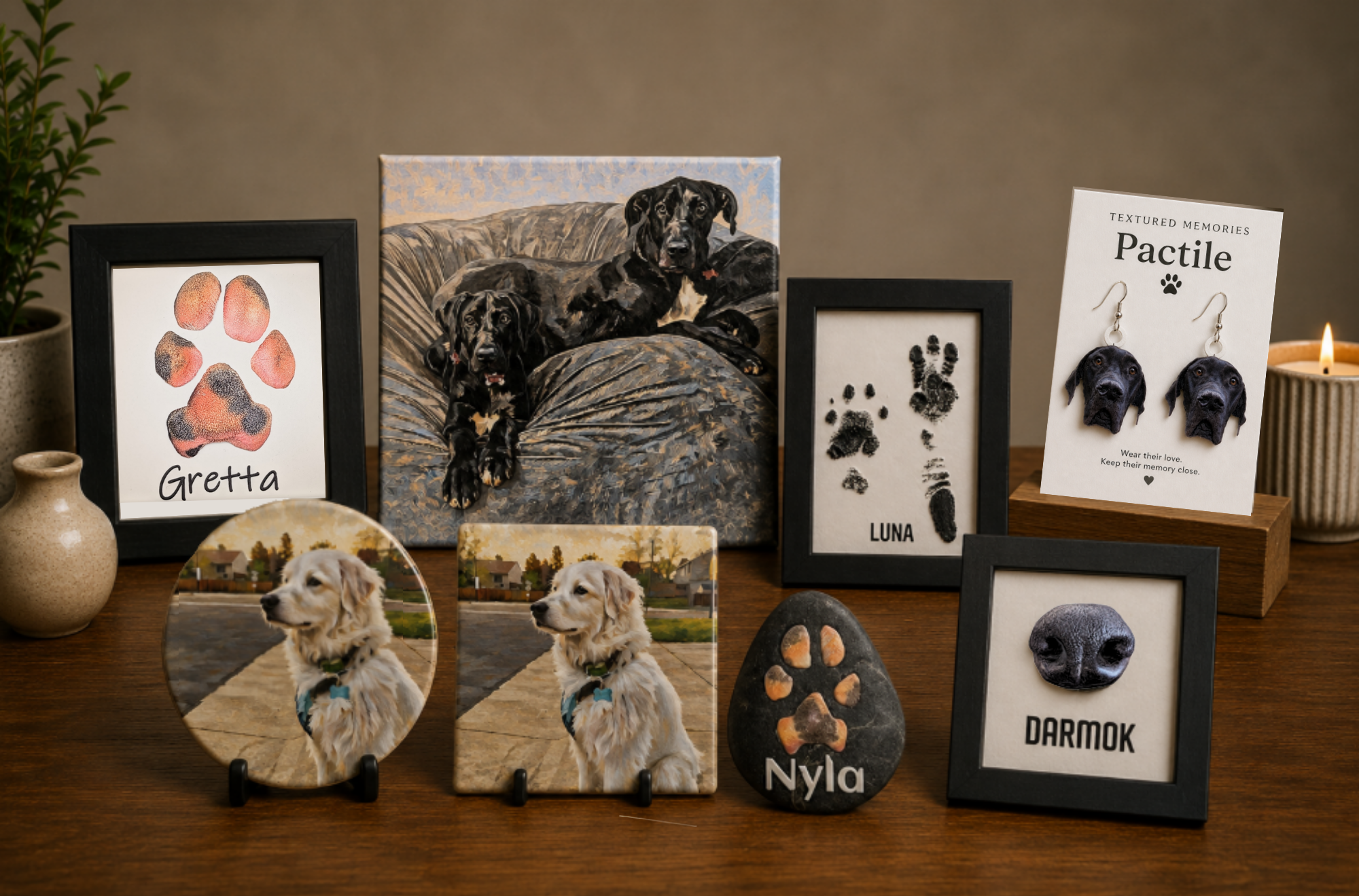 A collection of custom pet keepsakes displayed on a wooden table, including framed paw print prints, a canvas painting of two dogs, a round photo plaque, a small square photo plaque, a stone with a dog name and paw print, and a card of dog face earrings.