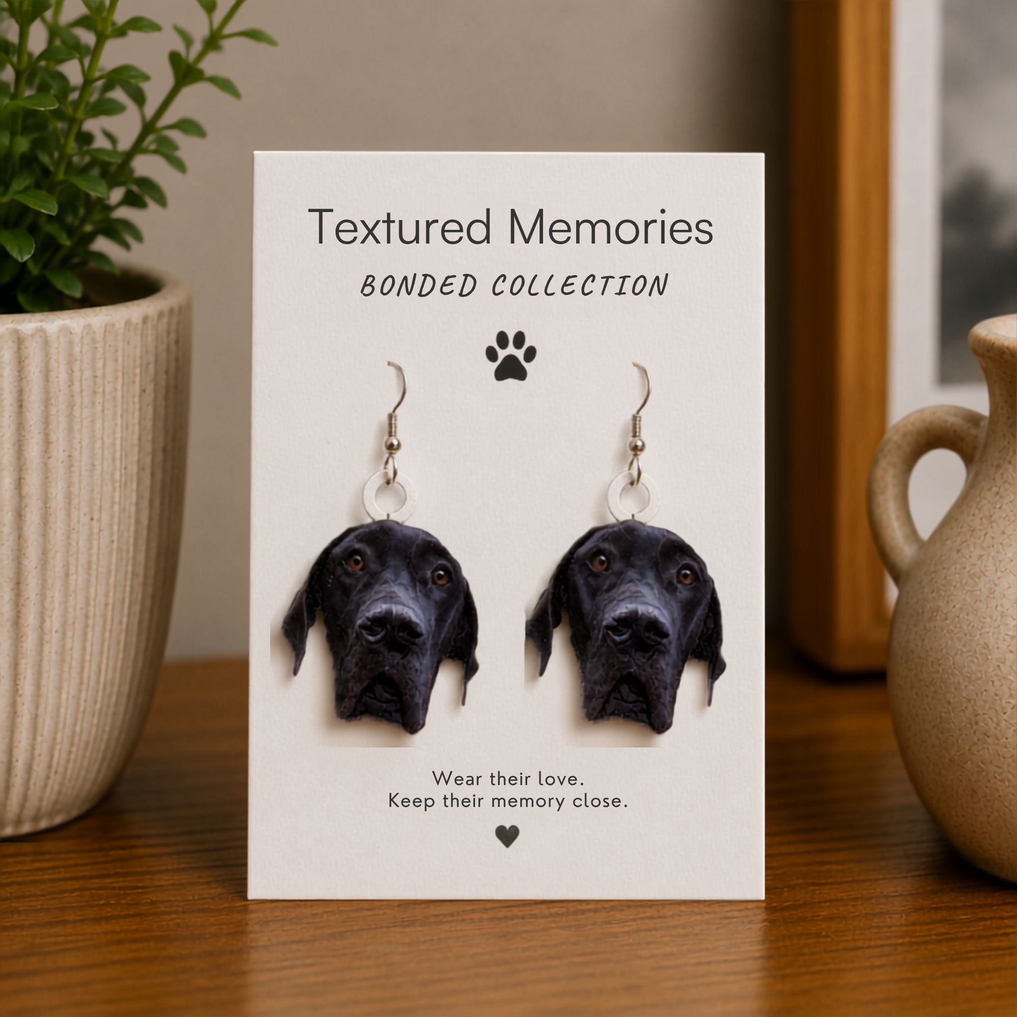 Black dog head earrings on a 'Textured Memories' card with decorative items in the background.