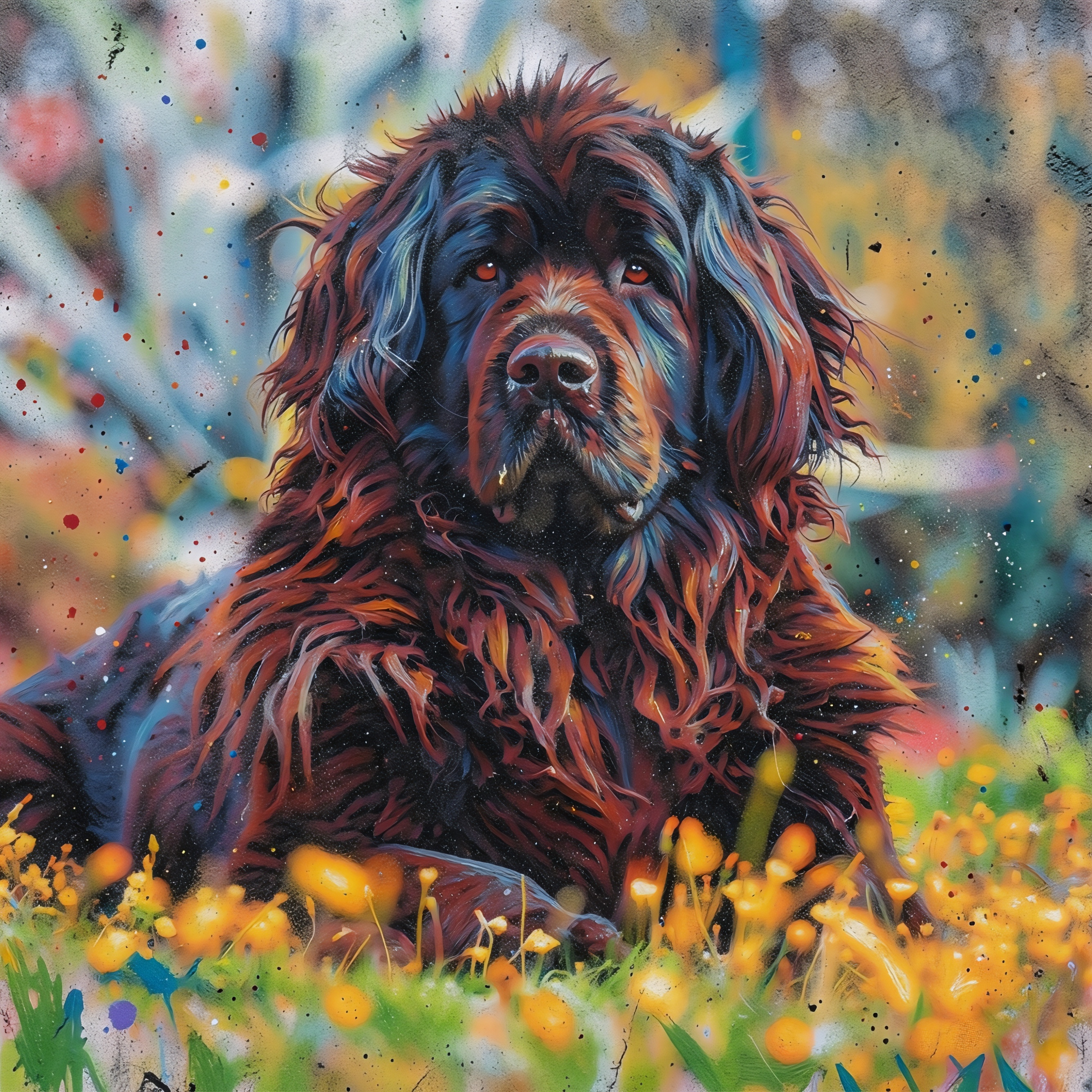 Colorful painting of a large dog sitting in a field with flowers