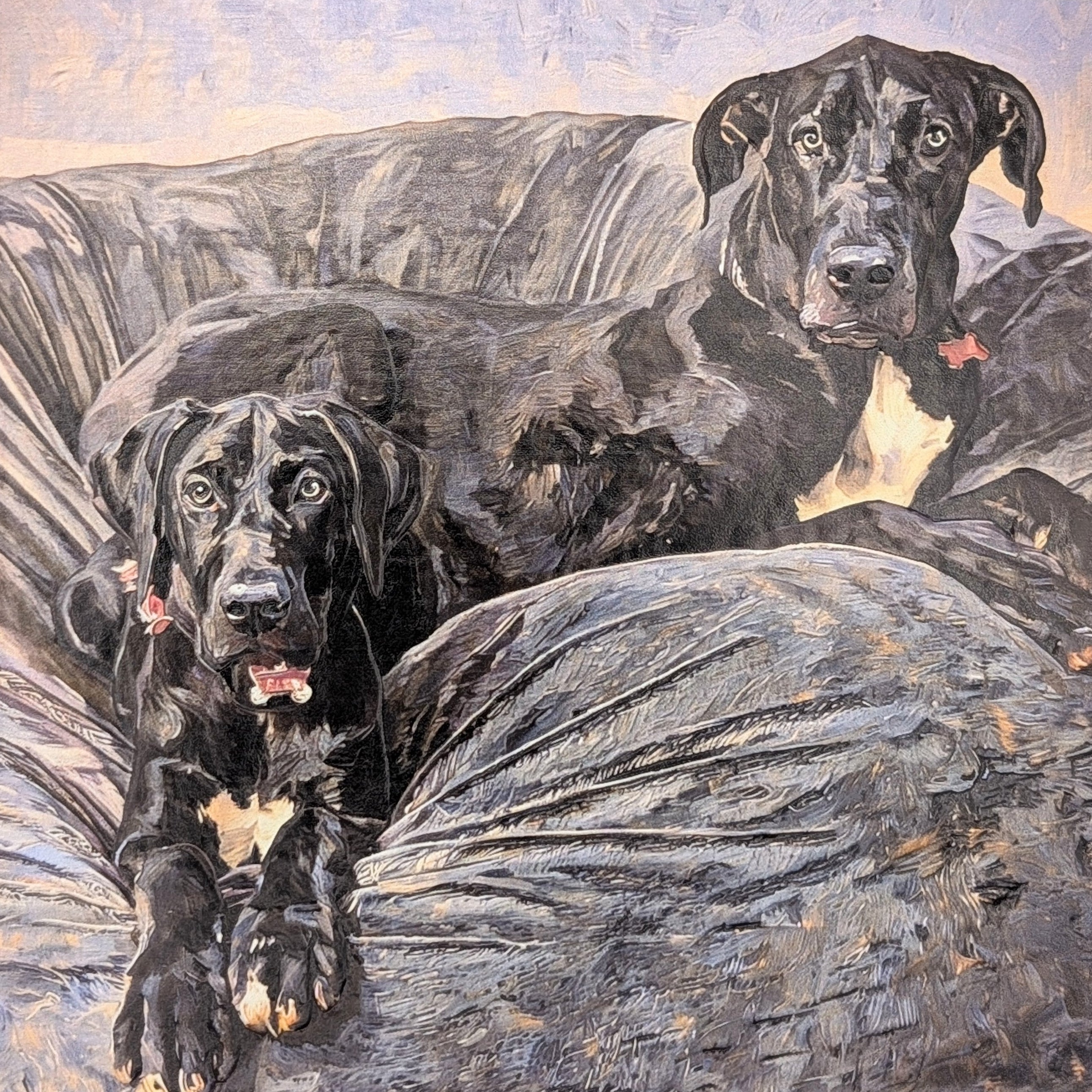 Two black Great Danes on a Grey dog bed done in a oil painting style