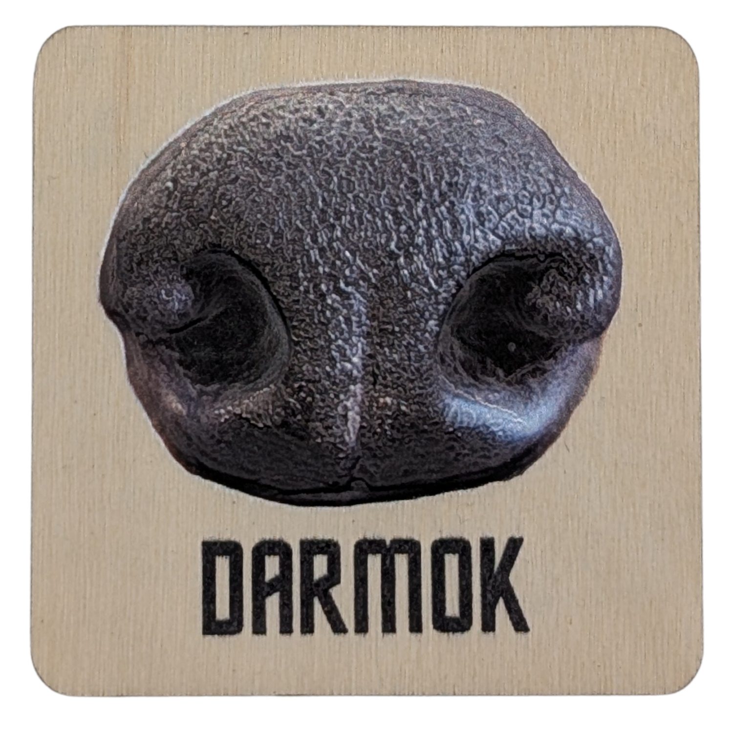 A wooden square panel with a textured picture of a black dog's nose and the name Darmok underneath.